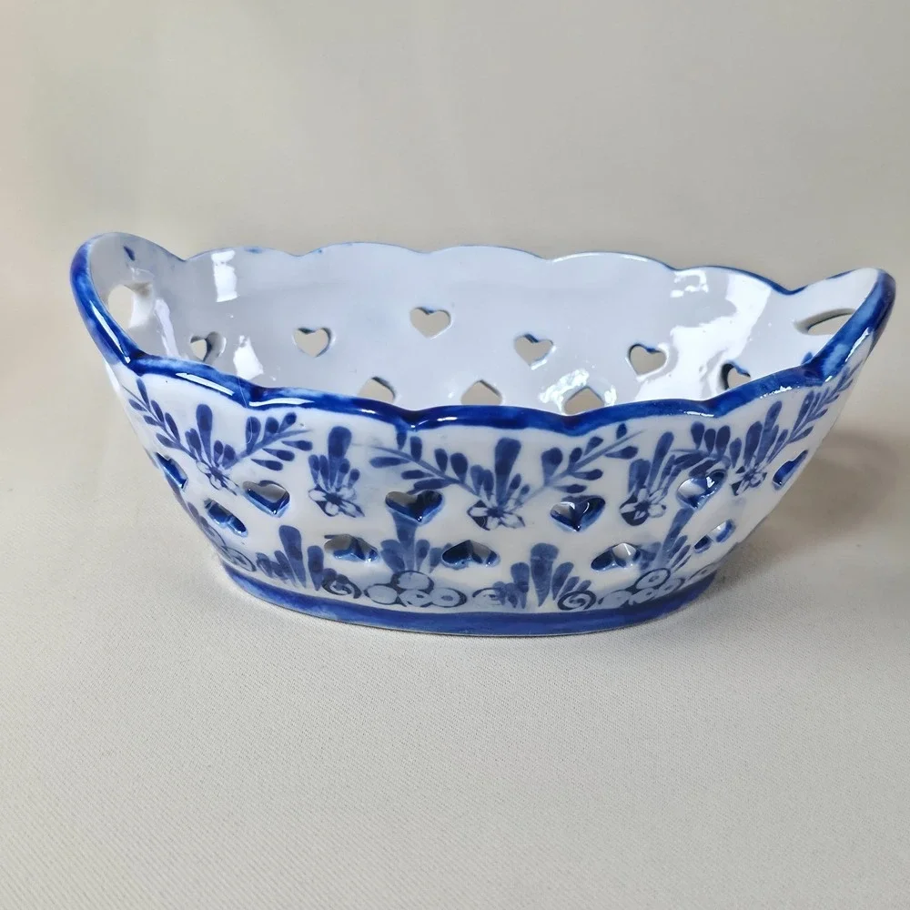 Vintage Delft Style Blue White Ceramic Basket Windmill Punched Hearts Hand Paint